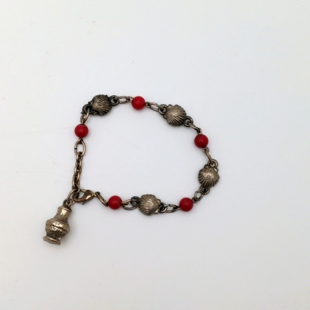Vintage Coral Bead & Silver Charm Bracelet